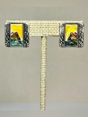 Artisan Enameled Sterling Silver 925 Signed Duri Mountain Inlay Stud Earrings